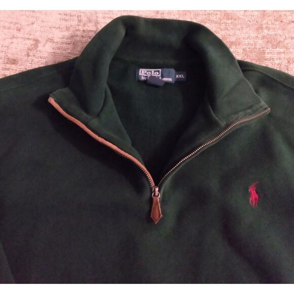 Polo Ralph Lauren Mens XXL Green 1/4 Zip Leather Pull Sweater Red Horse Pockets - Picture 2 of 11
